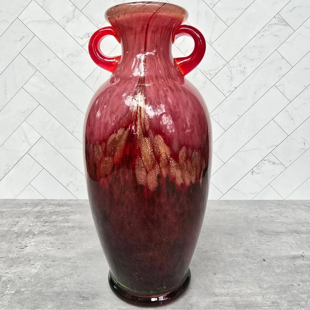Hand Blown Double Handle Amphora Art Glass Vase Red Gold Green Aventurine 10in